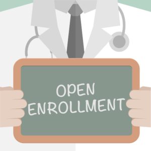 minimalistic illustration of a doctor holding a blackboard with Open Enrollment text, eps10 vector